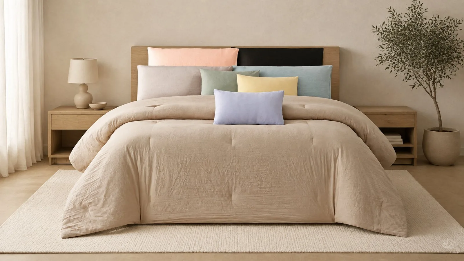 Comforter set dressed on a bed with coloured pillowcases