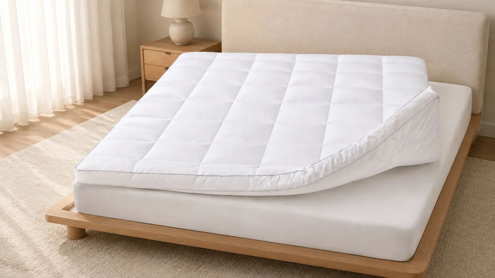 Quilted mattress topper folded back on a mattress