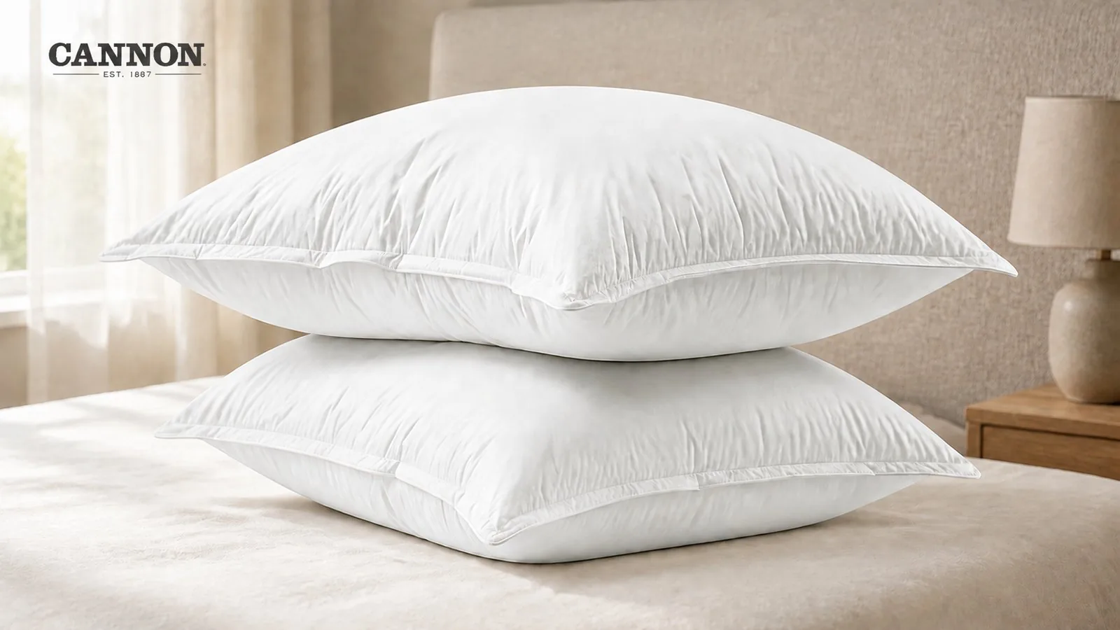 Two stacked white pillows on a bed